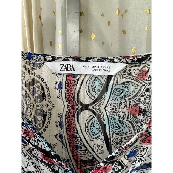 Zara Women's Sheer Paisley Metallic Oversized Bubble Sleeves Hi Lo Hem Blouse S - Picture 6 of 8